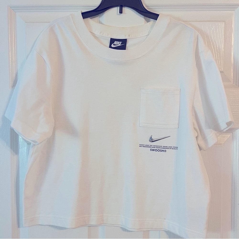 White oversized Nike swoosh cropped boxy tee